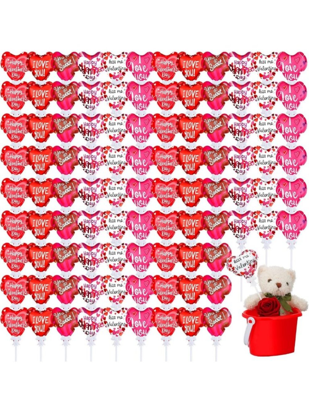 102 Pcs Mini Heart Balloons on a Stick - Self-Inflating Valentine's Decor